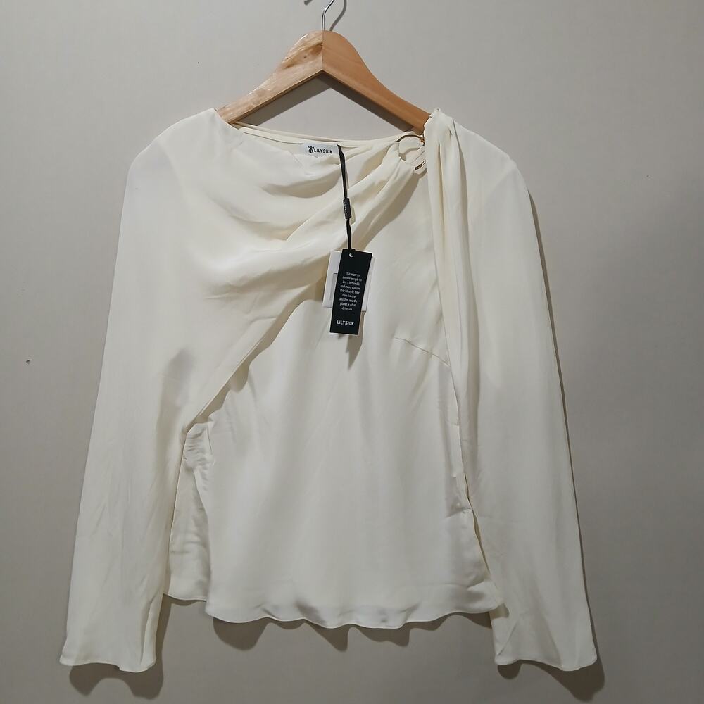 Lilysilk Blouse Womens 6 Ivory 100% Mulberry Silk Drape Ring Neck Top NWT - Picture 4 of 14